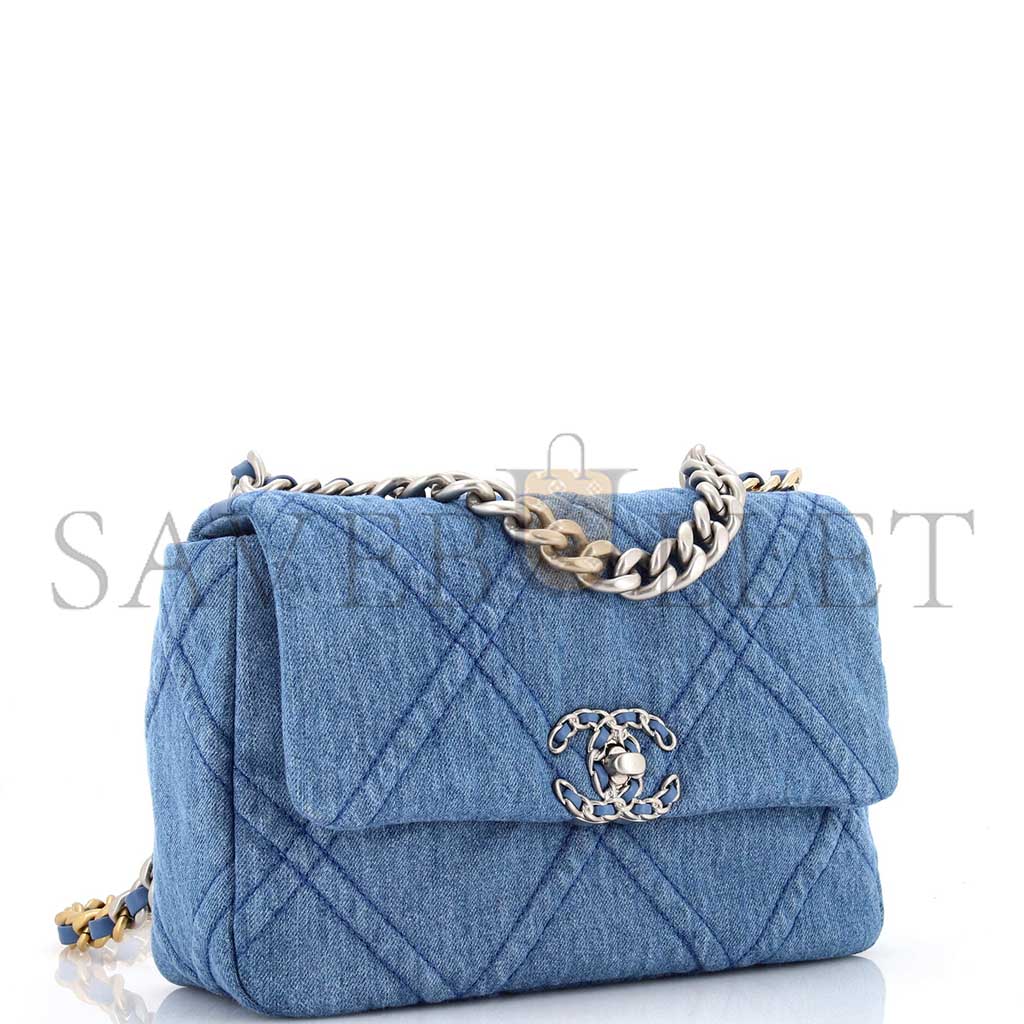 CHANEL BLUE QUILTED DENIM CHANEL 19 FLAP BAG AS1160 (26*16*9cm)